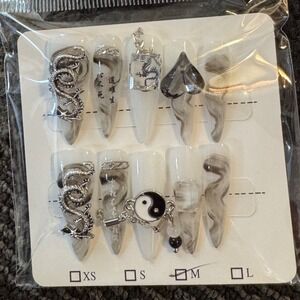 Dragon Yin Yang Press On Nails Black Gray Marble Anime Nails Medium‎